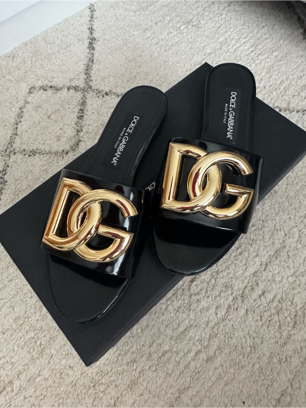 Dolce & Gabbana Black Patent Slides with Large Gold DG Logo - Picture 2 of 4